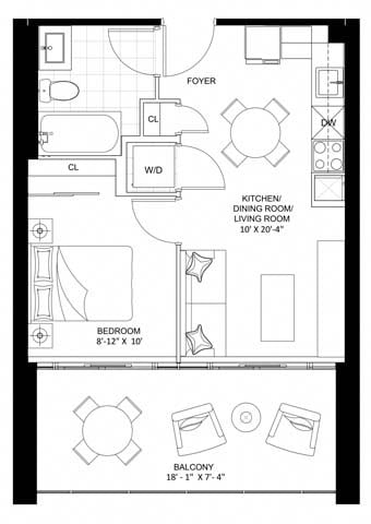 Floor plan for 1 bed, 1 bath, 423 sqft